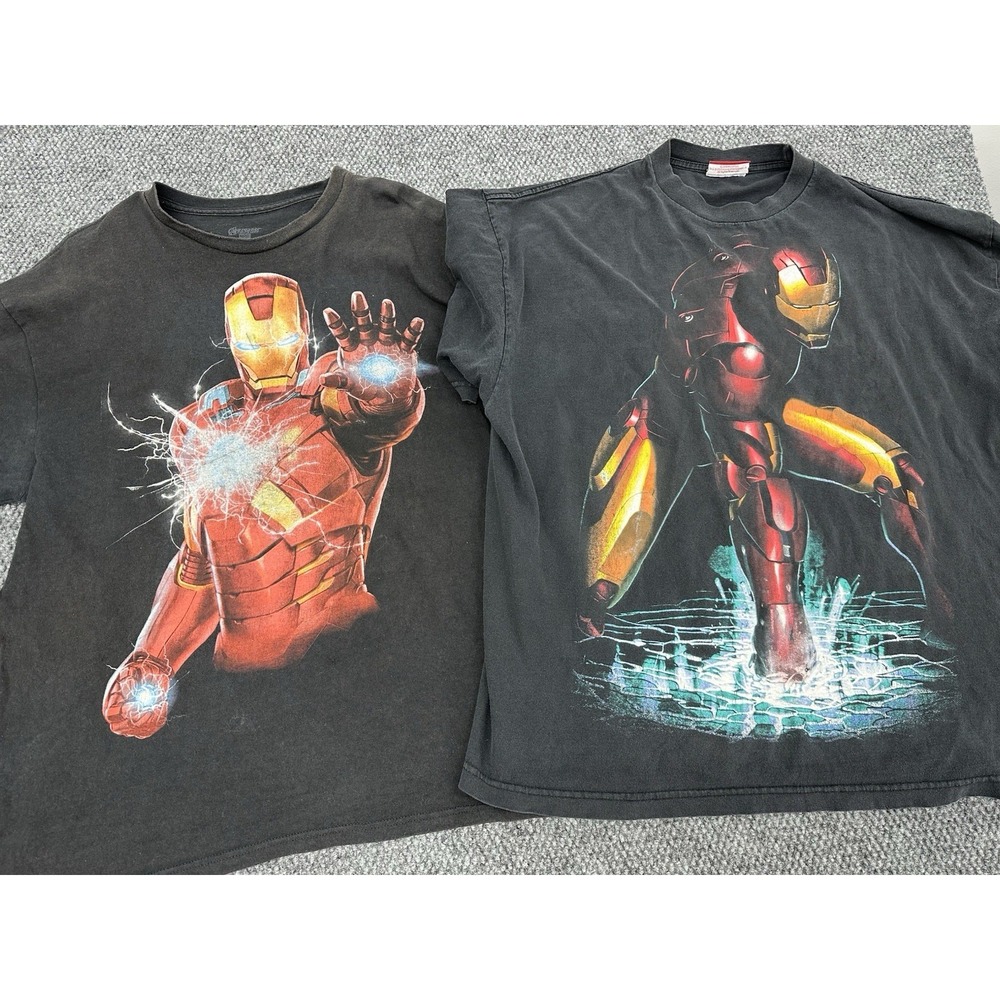 (2) Iron Man Men's XL T-Shirt Tee Marvel Superhero Big Face AOP Vintage Y2K